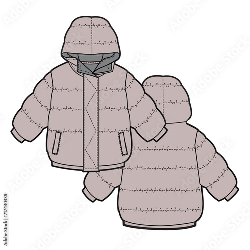 Cocoon Cocoon puffer jacket front and back view flat drawing vector illustration mockup template