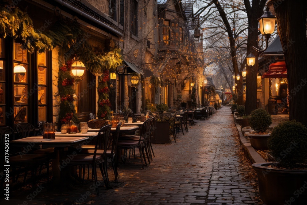 Historic district adorned with fairy lights, casting a warm glow over the restaurants, Generative AI