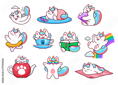 Cartoon funny cute caticorn characters or kitty cat unicorns, vector kids animals. Cheerful rainbow caticorn or kitty unicorn on cloud with sunglasses, happy caticorn ballerina dance or magic princess
