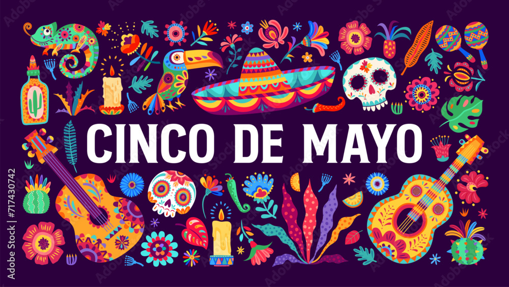 Colorful cinco de mayo mexican holiday banner with cartoon vector guitar, calavera skull, sombrero, toucan and chameleon, flowers and tequila. Greeting card for traditional celebratory event of mexico