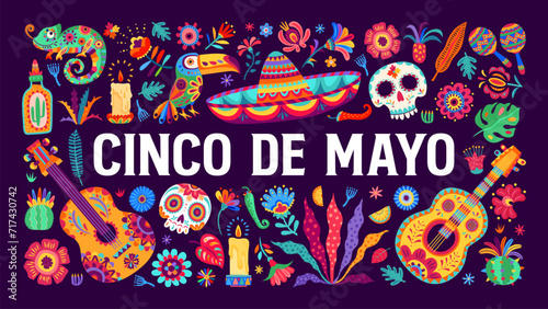 Colorful cinco de mayo mexican holiday banner with cartoon vector guitar, calavera skull, sombrero, toucan and chameleon, flowers and tequila. Greeting card for traditional celebratory event of mexico