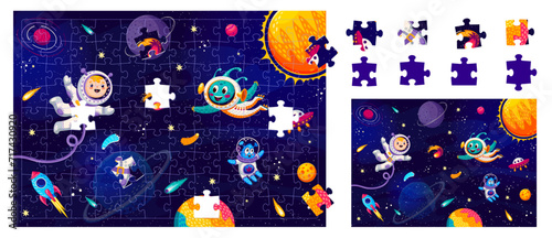 Jigsaw puzzle game pieces. Cartoon aliens and astronaut at starry outer space. Form match quiz, puzzle game or riddle with kid spaceman, alien cute characters, rocket and comet flying in outerspace