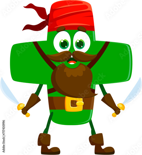 Cartoon funny plus symbol pirate and corsair character with happy smile. Isolated vector mathematics and arithmetic sign wearing filibuster clothes holding sabers, ready for mathematical contexts
