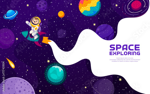 Cartoon kid astronaut on rocket in galaxy space with planets in starry sky, vector background. Kid spaceman on space adventure and galaxy exploration with spaceship shuttle for planetary education