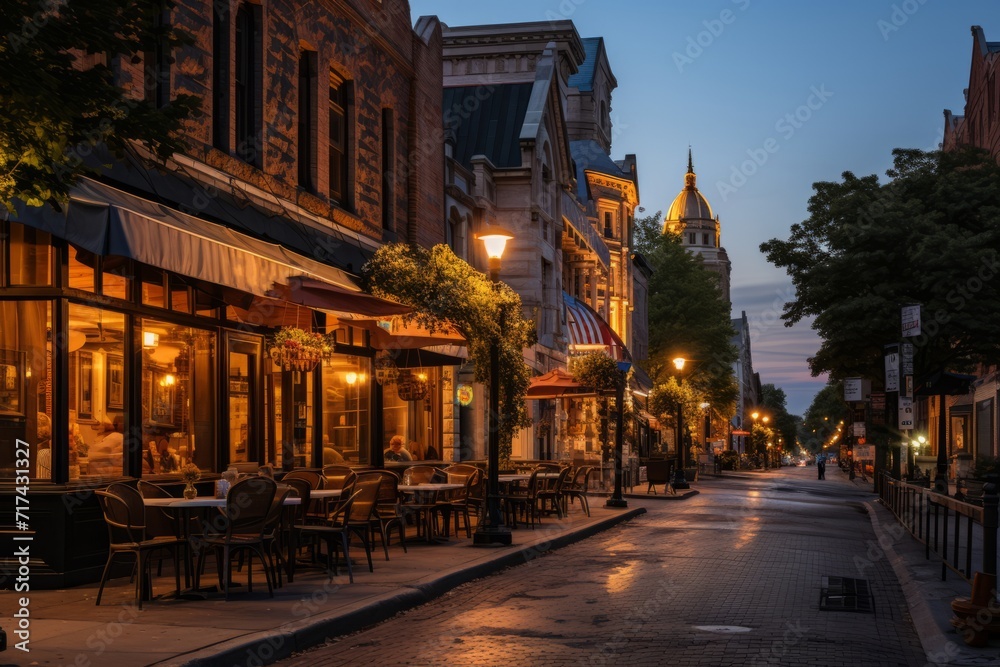 Historic downtown district filled with charming eateries and pubs at dusk, Generative AI