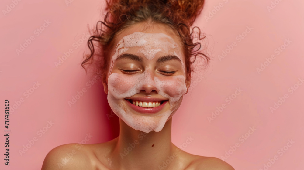 Smiling young woman washing foam face by natural foamy gel. Satisfied girl with bare shoulders applying cleansing beauty product on cheeks and closes her eyes. Personal hygiene, skincare daily routine
