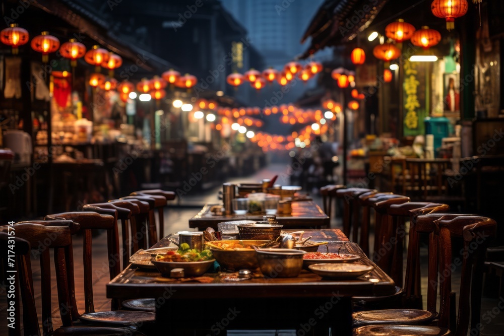 Lively night market featuring street food vendors and open-air cafes, Generative AI