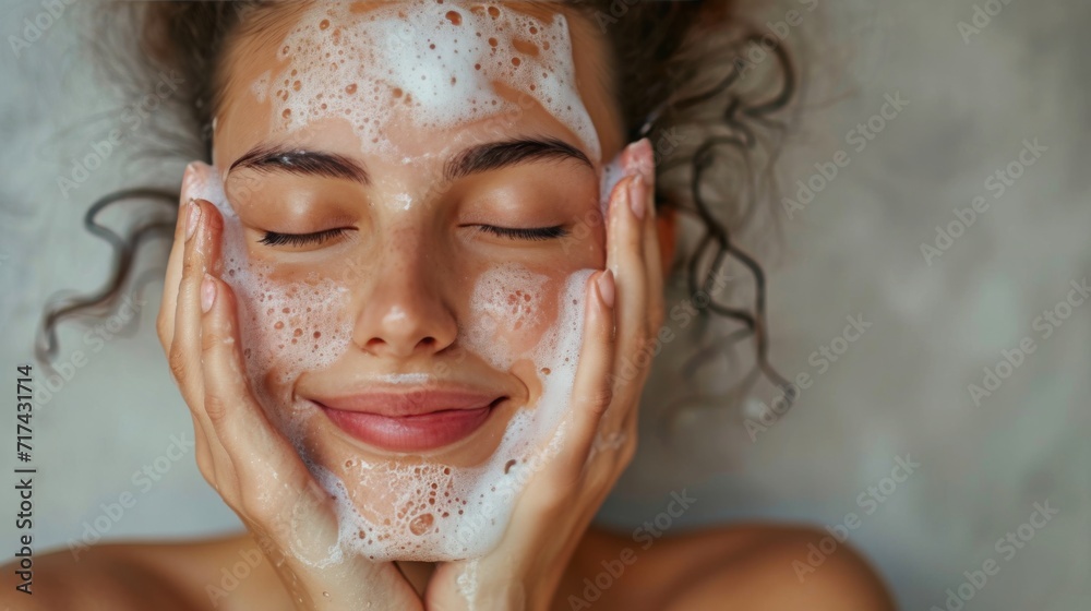 Smiling young woman washing foam face by natural foamy gel. Satisfied girl with bare shoulders applying cleansing beauty product on cheeks and closes her eyes. Personal hygiene, skincare daily routine - obrazy, fototapety, plakaty 