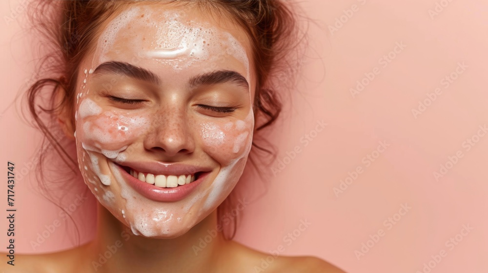 Smiling young woman washing foam face by natural foamy gel. Satisfied girl with bare shoulders applying cleansing beauty product on cheeks and closes her eyes. Personal hygiene, skincare daily routine Smiling young woman washing foam face by natural foamy gel. Satisfied girl with bare shoulders applying cleansing beauty product on cheeks and closes her eyes. Personal hygiene, skincare daily routine