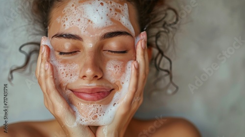 Smiling young woman washing foam face by natural foamy gel. Satisfied girl with bare shoulders applying cleansing beauty product on cheeks and closes her eyes. Personal hygiene  skincare daily routine