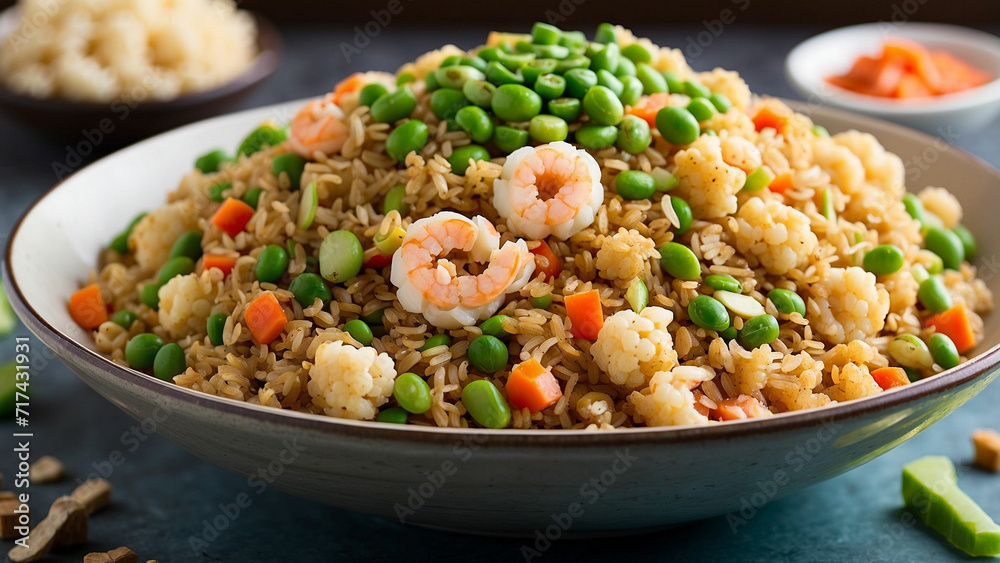 a cauliflower fried rice recipe that emphasizes protein content a variety of protein sources such as tofu, chicken, shrimp, or edamame to make the dish not only delicious but also satisfying 
