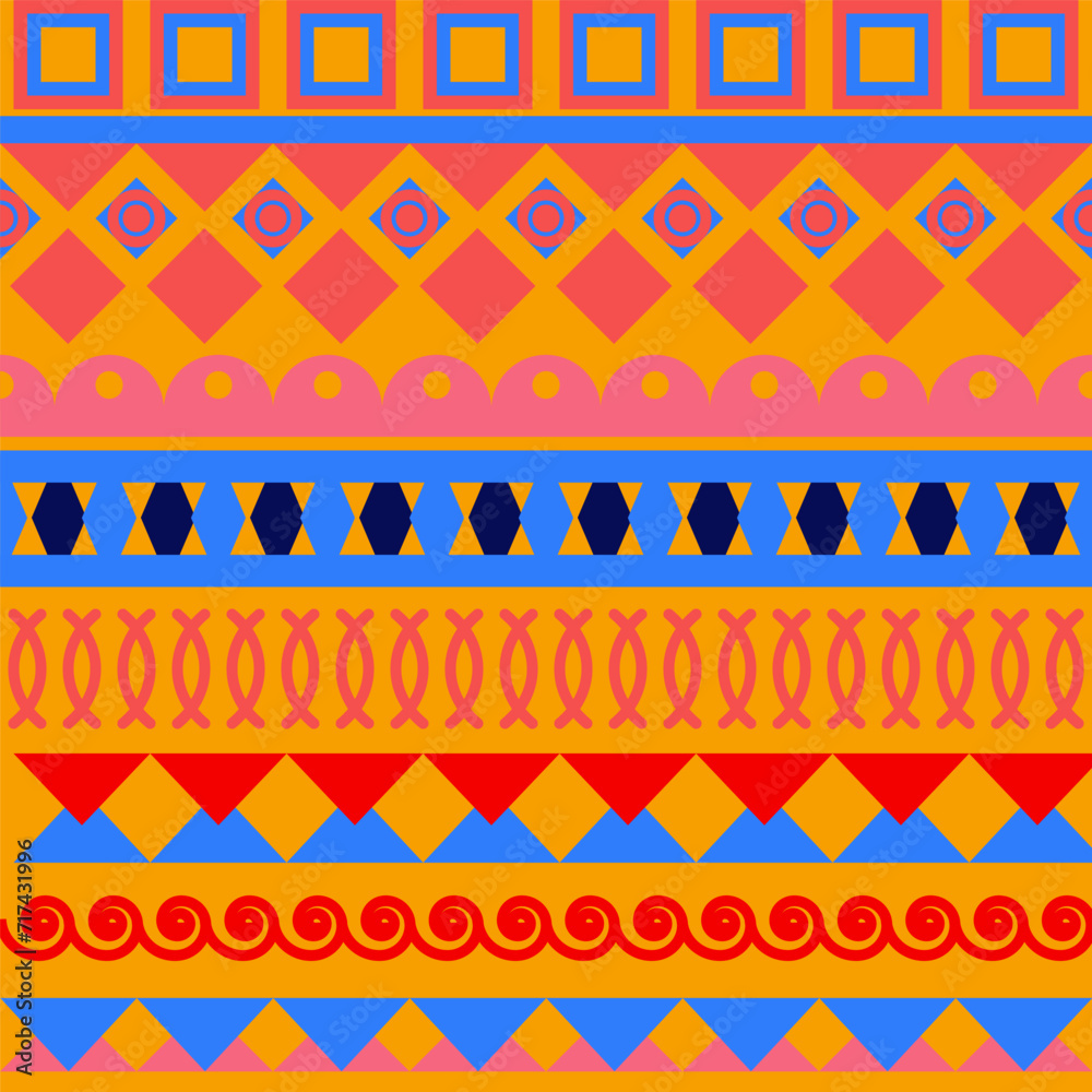 Bright ethnic ornament. Mexican style. Abstract seamless pattern. Red and blue shapes on yellow. Background for cover, fabric, decor. Bright ethnic ornament. Mexican style. Abstract seamless pattern. Red and blue shapes on yellow. Background for cover, fabric, decor.