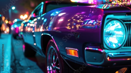 A glittering purple muscle car with bright teal neon features catching the eye of everyone at the car show.