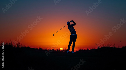 golfer silhouette; golf swing; sunset; serene golf course; golfing; outdoor sports; leisure activity; golf club; golf stance; sunset golfing; sports silhouette; golf player; golf practice; tranquil sp