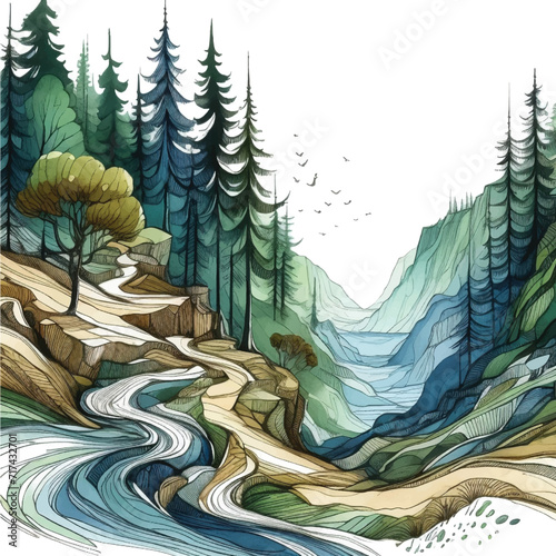 landscpae with pathway and pine trees