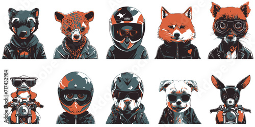 animal bikers wearing helmet set vector