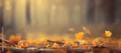 Dry autumn leaves in photo with forest background with blur effect. generative ai.