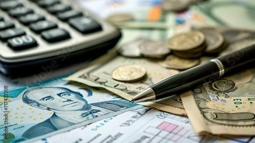 Information on revenues from other sources and collected income tax advances, PIT-11 form on accountant table with pen and polish zloty money bills close up