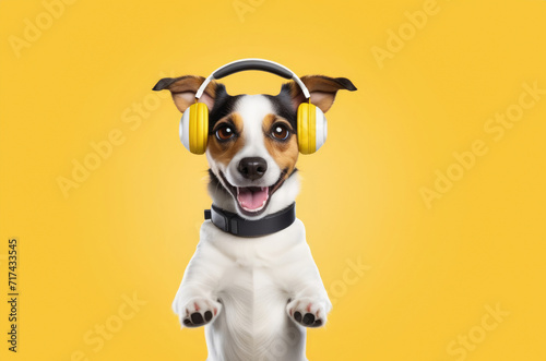 dog listens to music on headphones, raised its paws up, does morning exercises. Jack Russell on a yellow background.