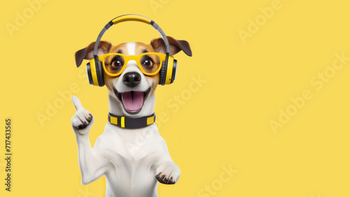 The dog listens to music on headphones, raised his finger up, attracts attention. Jack Russell on a yellow background.