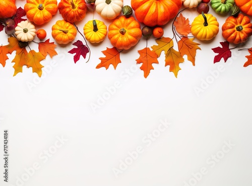 A mini pumpkin with Maple leaf decoration in the photo on a gray background