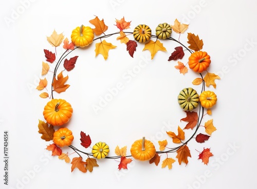 A wreath of Maple leaves and yellow pumpkin decorations forming a circle in the photo over a white background. generative ai.