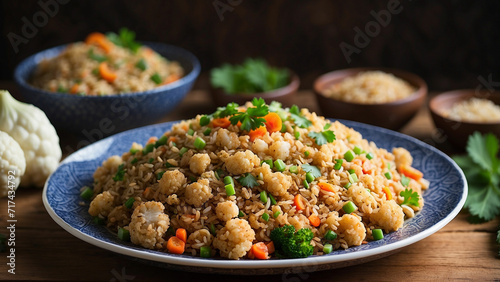 a visually appealing scene by showcasing a heaping portion of cauliflower fried rice in a plate from a side perspective