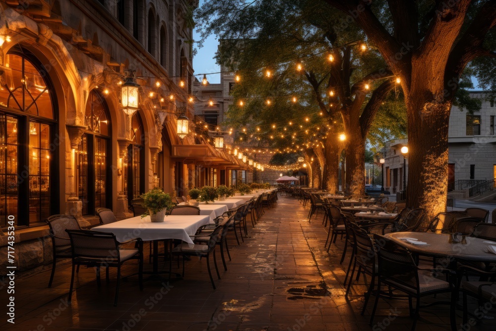Plaza surrounded by historic buildings housing quaint restaurants under the evening sky, Generative AI