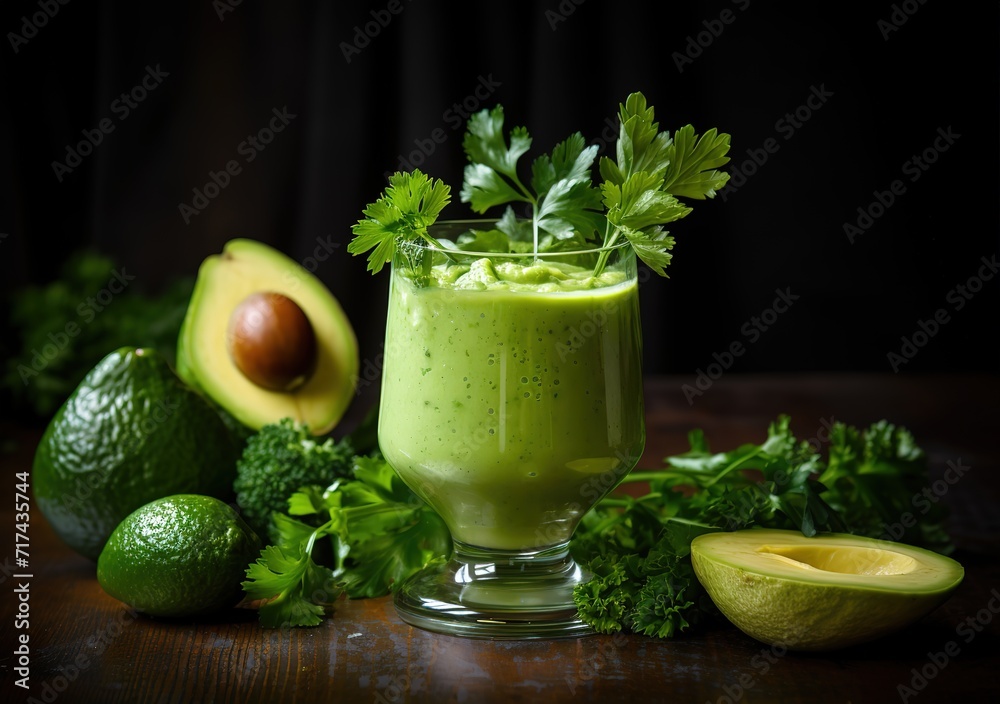 Green colored juice with sliced avocado garnished next to it in photo on wooden table. generative ai. Green colored juice with sliced avocado garnished next to it in photo on wooden table. generative ai.