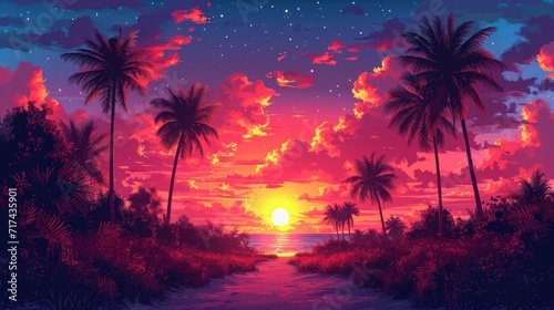 Colorful Sunset Skyoil Palm Farm Beautiful, Background Banner HD © Alex Cuong