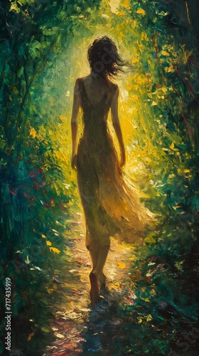 woman walking down path forest glowing backlit radiate connection blossoming heaven gentle green dawn light fireflies sparkling wisps