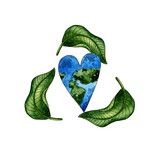 Watercolor illustration of a garbage recycling sign with green leaves and planet Earth in the shape of a heart. Earth Day. Environment protection. Isolated on white background. Hand drawn botanical
