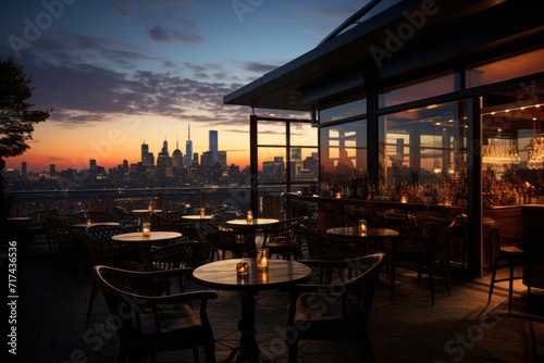 Rooftop bar with panoramic views of the city skyline during the evening, Generative AI