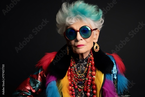 Portrait of a beautiful senior woman in colorful clothes and sunglasses.