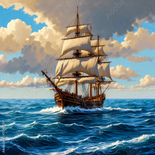 Galleon sailing ship gracefully navigates the vast ocean under the clear blue sky. Generative ai