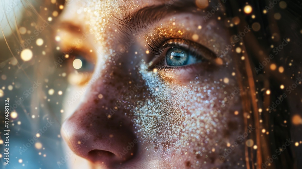 A womans delicate skin adorned with subtle touches of stardust, enhancing her natural beauty and adding a touch of celestial magic to the portrait. A womans delicate skin adorned with subtle touches of stardust, enhancing her natural beauty and adding a touch of celestial magic to the portrait.