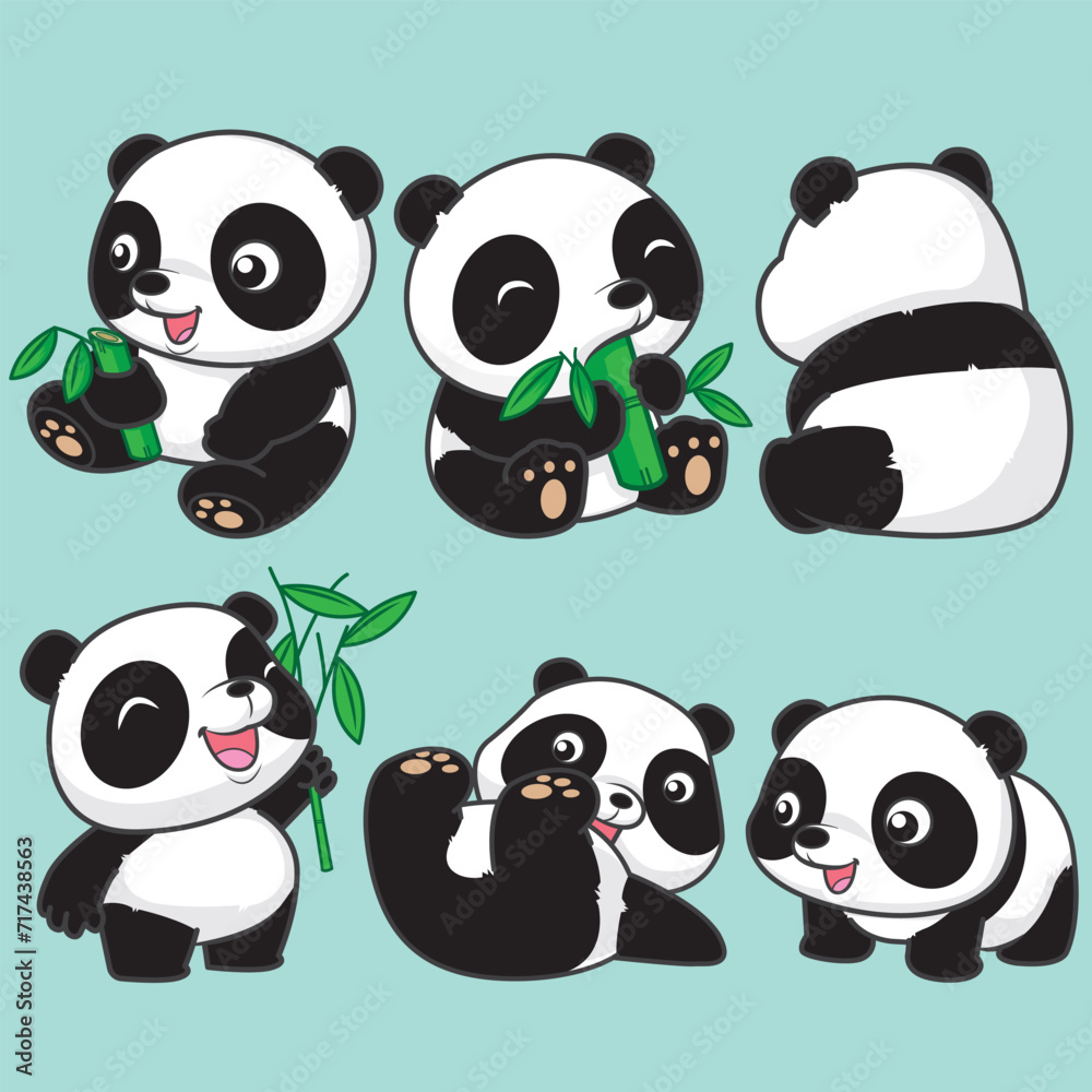Cute panda bears flat vector illustrations set Cute panda bears flat vector illustrations set