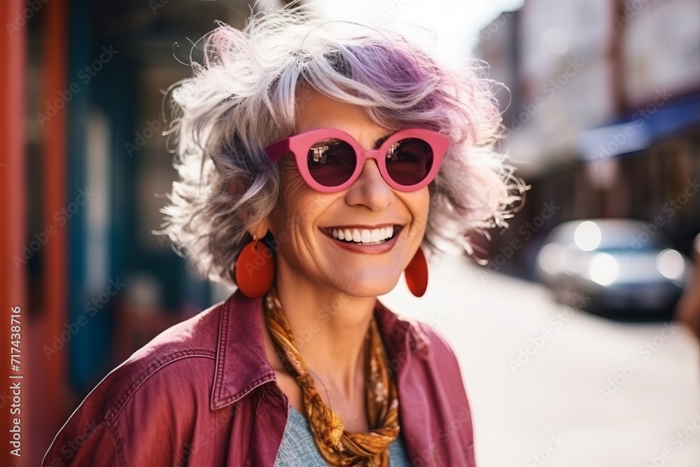 Portrait of a beautiful young woman with short pink hair and sunglasses Portrait of a beautiful young woman with short pink hair and sunglasses