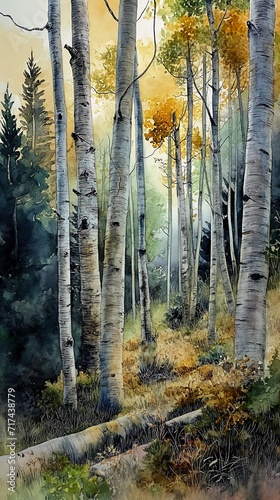 forest path trees background masterful aspen grove single ray golden sunlight princess tall thin birches park photo