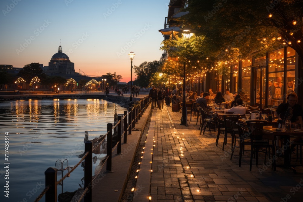 Waterfront promenade with outdoor dining options as the city lights up, Generative AI