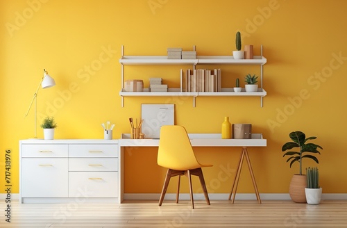 a modern home office with a yellow wall and white furniture. The room is decorated with plants, books, and other accessories. The desk has a white chair and a lamp.