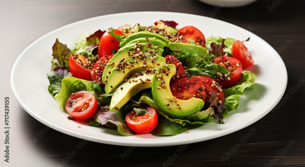 A healthy salad with sliced vegetables and avocado on a white plate. generative ai. A healthy salad with sliced vegetables and avocado on a white plate. generative ai.