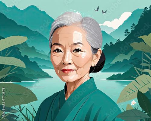 Modern Flat Close-Up Portrait of Petite Fair-Skinned East Asian Older Woman Surrounded by Nature Gen AI photo