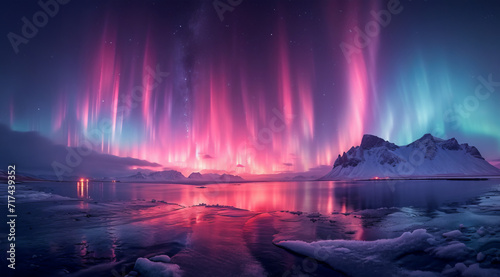 Ethereal pink and blue aurora borealis over a tranquil icy landscape with mountain reflections