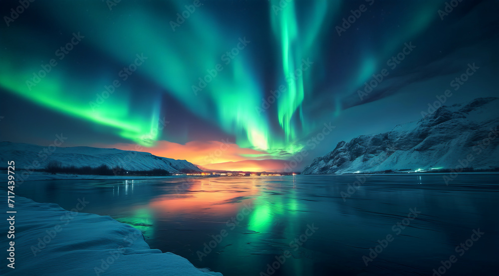 A vibrant green aurora dances over a snowy landscape with reflections in a frozen river