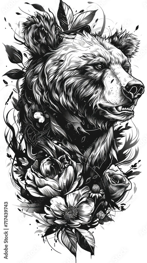 Obraz premium Bear tattoo flash, AI generated Image