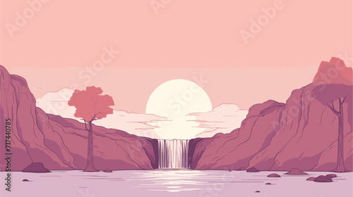 Vector art of a zen-inspired waterfall featuring smooth lines and subtle colors creating a tranquil atmosphere for meditation and relaxation. simple minimalist illustration creative