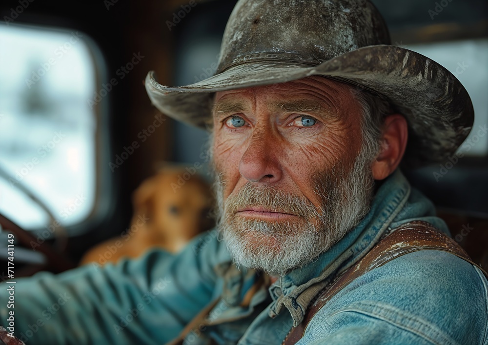 man cowboy hat sitting truck portrait natural grizzled skin old ...