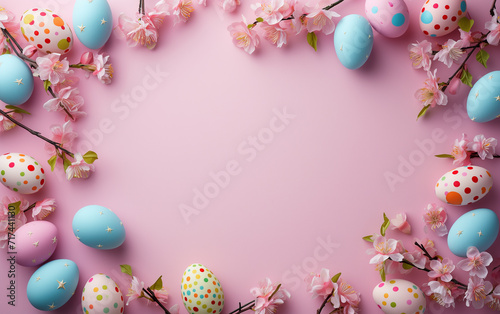 Easter eggs and  cherry blossoms on pastel pink background with copy space.