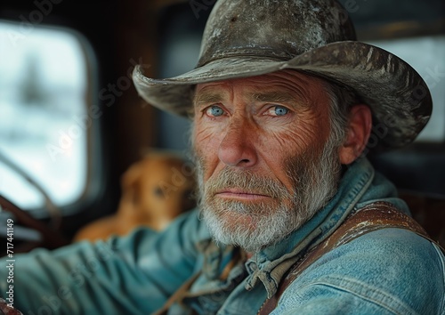 man cowboy hat sitting truck portrait natural grizzled skin old wrinkled dog fierce expression wyoming lenses historic trail two characters